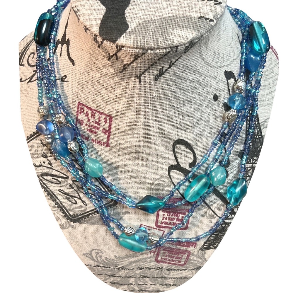 Beaded Multi Strand Layered Necklace Women Blue Teal Silver Tone Boho Jewelry